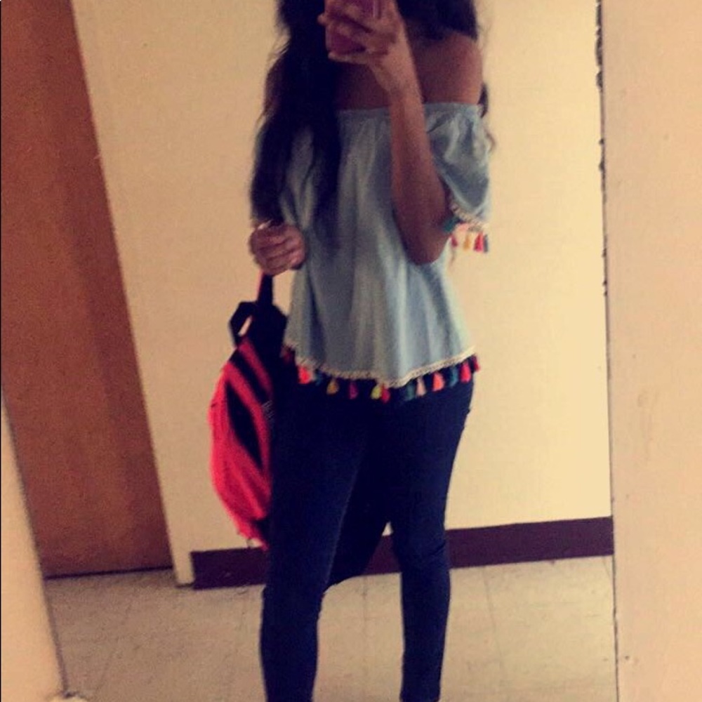 denim off/on the shoulder top.